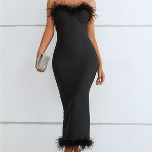 Feather Trim Strapless Dress
